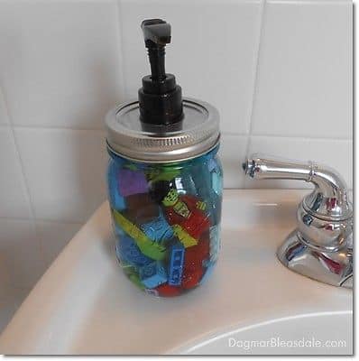 DIY mason jar soap dispenser with LEGOs