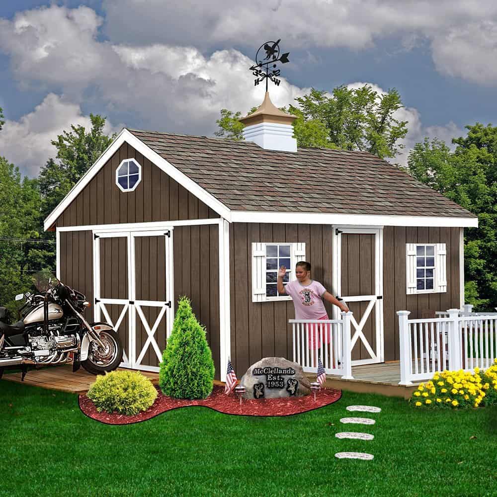 large barn she shed with porch, girl and motorcycle