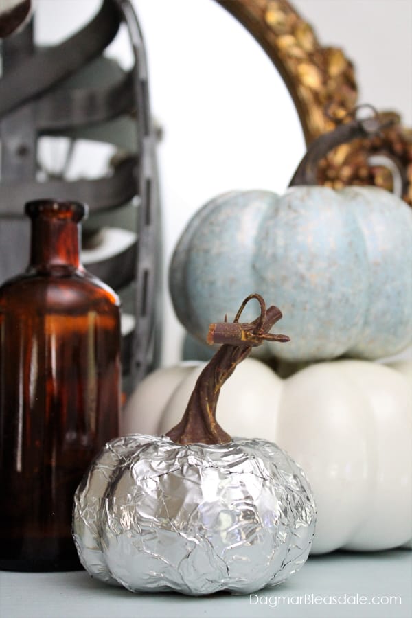 DIY metallic pumpkin, amber bottle, mirror
