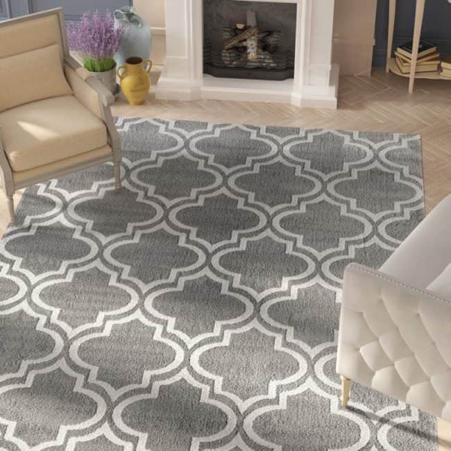 gray and white rug in living room