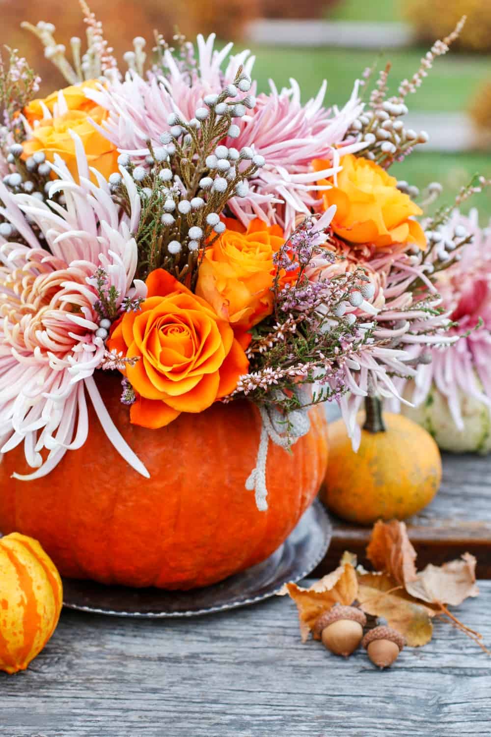 pumpkin centerpiece with flowers