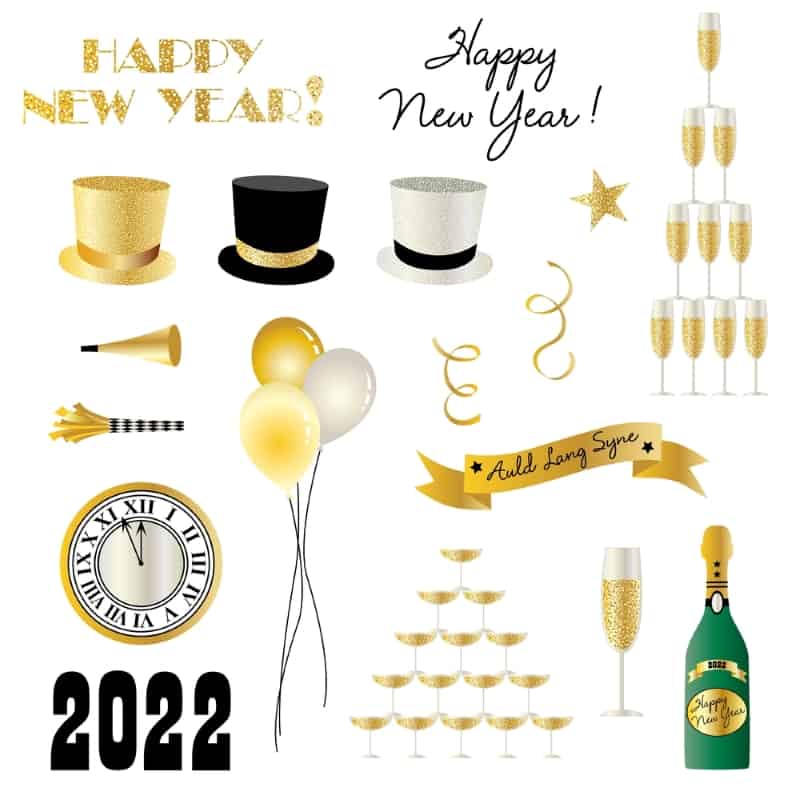 new year's eve printable with bottle, glasses and clock